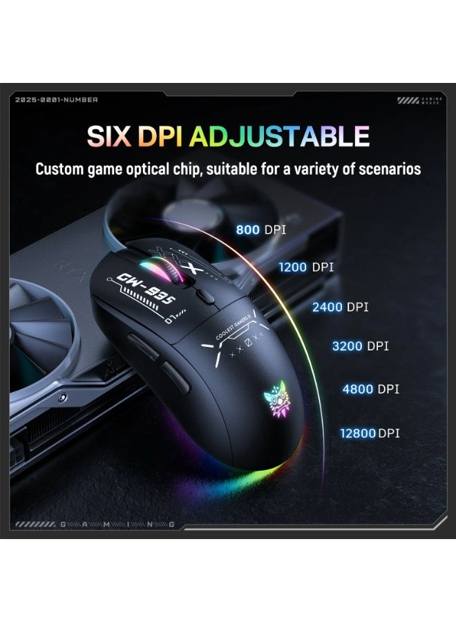 onikuma CW935 RGB Tri-Mode Wireless Gaming Mouse with 2.4GHz, Bluetooth and Wired Connectivity, 6-Level Adjustable DPI up to 12800, Ergonomic Design and Hidden USB Receiver Storage for PC and Gaming Devices (Black) - Image 5